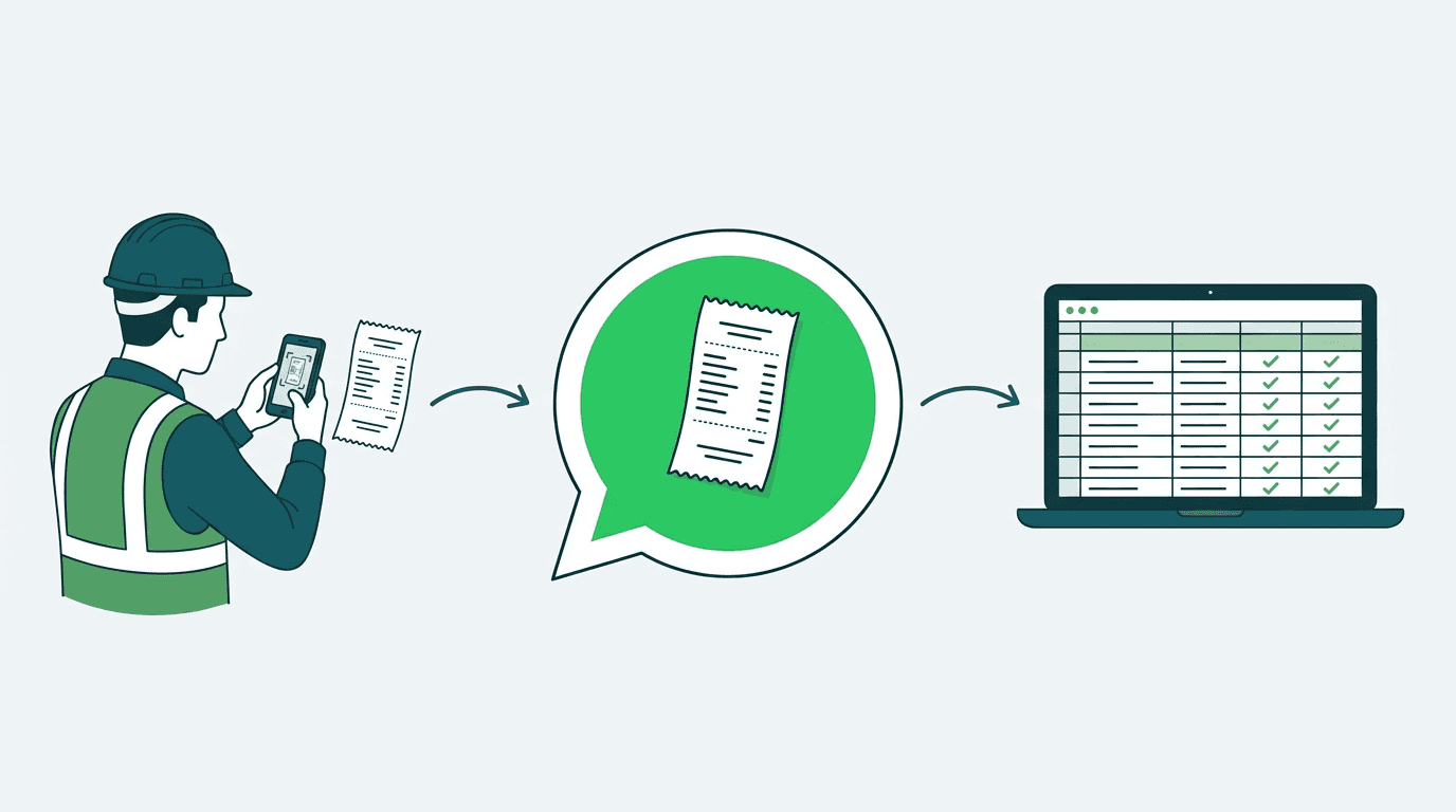 Flujo: foto en obra → WhatsApp → planilla organizada